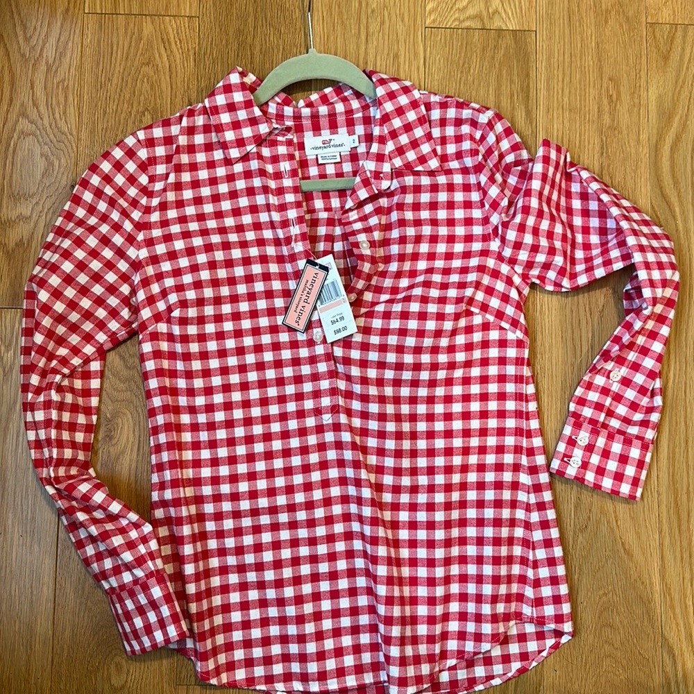 Vineyard vines gingham print 3/4 button down shirt Size 2 NWT